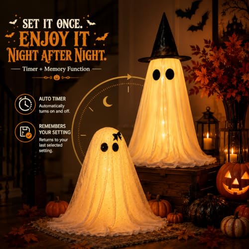 Twinkling Ghost Halloween Decor, 2 Pack Witch Hat and Bow Ghost Couple - image 6