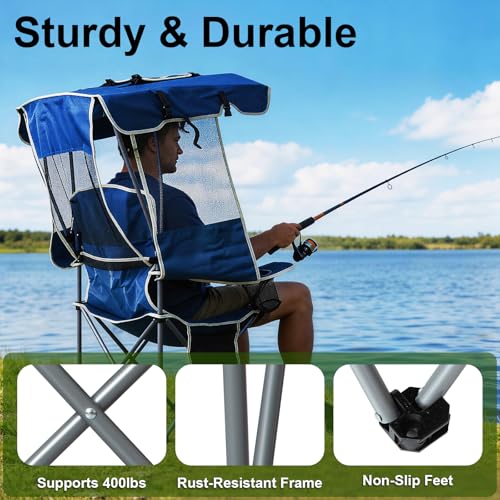 Image of Romswi Folding Canopy Beach Camping Chairs for Adult 2 Pack, Portable Outdoor Chairs with Sunshade,Cup Holder & Side Pocket for Camping, Fishing, Beach, Backyard, Navy