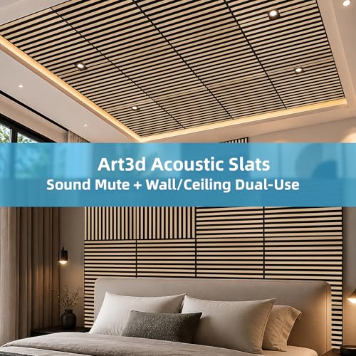 Image of Art3d 12-Pack Acoustic Slat Panel & Ceiling Tile, 2 x 2 ft, Natural Oak