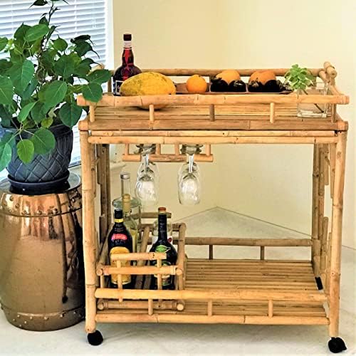 Statra Natural Wheeled Serving Cart Wine Rack Rolling Island Trolley Catering Buffet Utility Kitchen Bottle Holder Bamboo 2-Tier