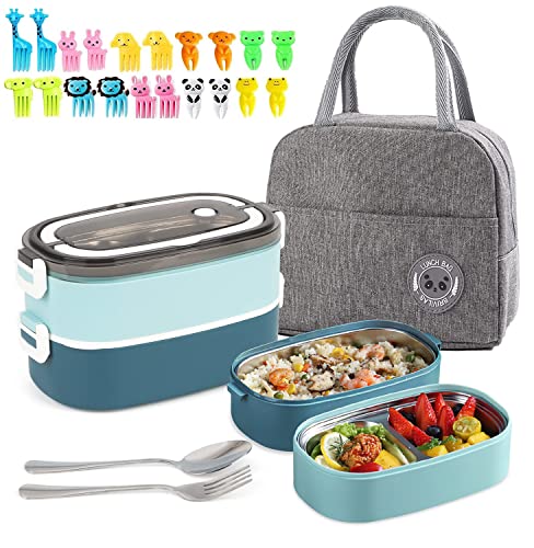 Lunch Box for Kids and Adults with Lunch Bag, 2 Tier Stainless Steel Bento Lunch Box with 3 Compartments and Cutlery (Spoon & Fork) Food Picks for Kids, Leakproof | BFA Free | Dishwasher Safe (Blue)