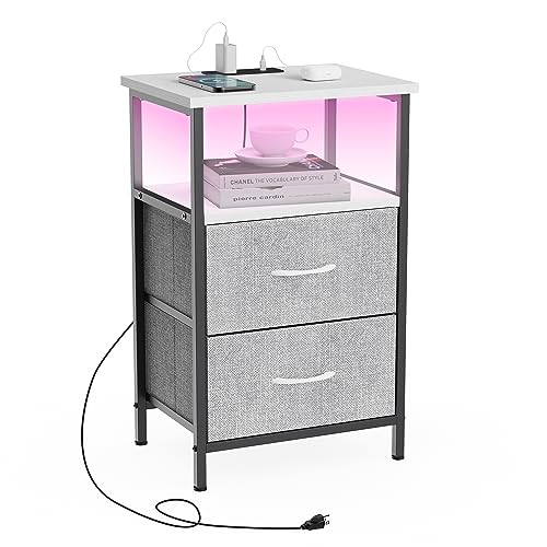 Image of Innerjoin Nightstand with Charging Station USB A&C Ports, LED Nightstand with 2 Drawers & Storage Shelf, Bed Stand Side End Table for Bedroom Living Room Dorm, White