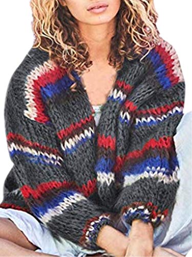 Preisvergleich Produktbild TEBAISE Strickjacken Damen Patchwork Grobstrick Cardigan Lose Strickcardigan Mehrfarbig Kurz Open Front Strickmantel Gestrickt Cover Up Outwear 2019 Herbst Winter Elegant Farbenfrohe Strick Outwear