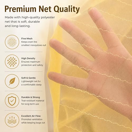 Image of Mosquito Net for King Size Bed & Double Bed (6x7 ft, Wall /Hook Hanging) Poly-Cotton Blend Fabric with Zigzag Wave Line Pattern, Pre-Fitted Bottom & Cotton Ribbon (Honey Yellow)