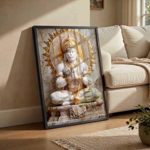 Image of CRAFTLYN Hindu God Wall Art WALL ART Prints Framed Spiritual Religious Paintings for Living Room, Pooja Room, Bedroom, Office, Meditation Room, Home Decor (Hanuman ji, 13X19, Black)