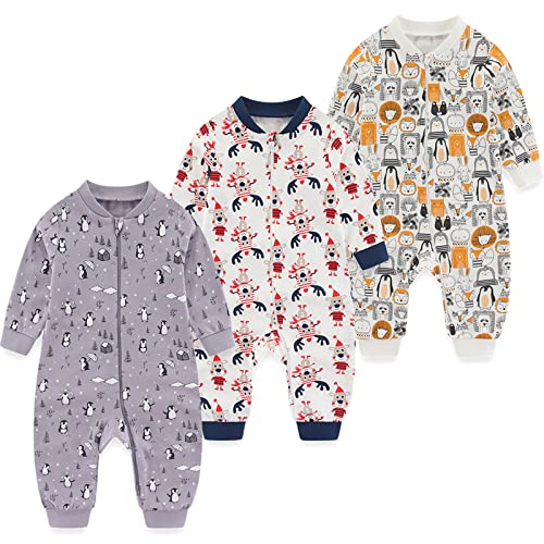 MAMIMAKA Pijama unisex de algodón con cremallera de 2 vías para dormir y jugar, paquete de 3 – 24 meses, Footless 1-pingüino/ciervo/animal, 18 meses
