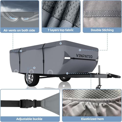 Image of VINPATIO Pop Up Camper Cover: Folding Camper Tent Trailer Cover Fits 16'-18' Trailers, Waterproof & Anti-UV Pop-up Camper Cover with Windproof Straps