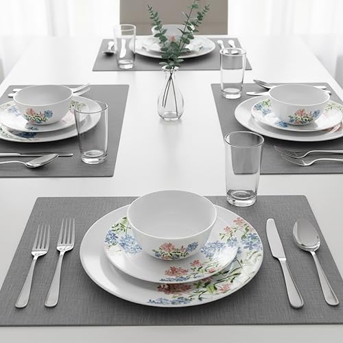 Image of Cello Opalware Regal Series Peach Bloom 35 Pieces Dinner Set | Opal Glass Crockery for 6 | Bone Ash-Free | Lightweight, Elegant White Plate & Bowl Set | Opal Glass Dinner Set for Daily Use & Gifting
