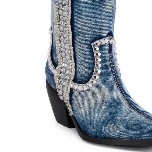 Wide Calf Denim Boots for Women Cowboy Boots Pointed Toe Chunky Block Heel Jeans Ankle Short Boots3