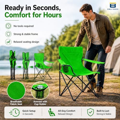 Image of BTAG Foldable Camping Chair with Armrest & Cup Holder, Portable Outdoor Chair with Carry Bag for Camping, Picnic, Fishing & Travel - Green