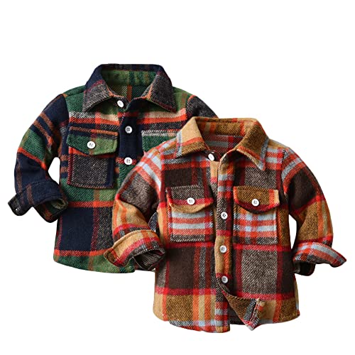 Image of Feidoog Toddler 2 Pack Baby Boys and Girls Plaid Shirts Jacket Long Sleeve Lapel Button Down Shirt Top Outwear Clothes