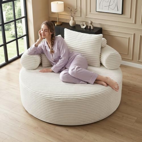 Image of Trustyue Boneless Couch,Comfy Fluffy Sofa Bed,Upholstered Sleeper Sofa with Cup Holder and Throw Pillows,Corduroy Plush Cloud Lounge Chair (White, Corduroy)