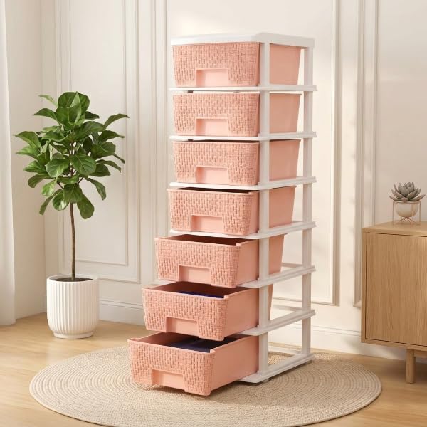 Image of KITCHIVO Plastic Modular Drawer Storage Chest Of Drawers Organizer Storage Box, Large Stomo Racks For Multipurpose Anti-slip Shoes Organizers (White & Peach, 7 Layer)