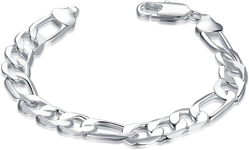 10MM Width Sterling Silver Plated Beveled Italian Figaro Chain Bracelet 8.2 inches