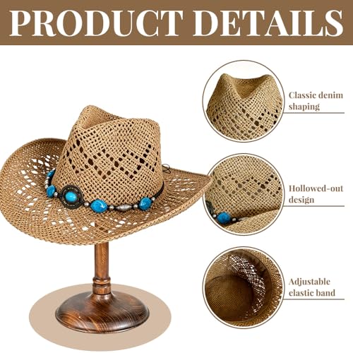 Image of Western Straw Cowboy Hats Cowgirl Hat for Holiday Woven Beach Sun Hat with Shapeable Wide Brim Cowboy Hat for Women's /Men's