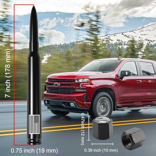 Image of Car Truck Bullet Antenna with Tire Valve Caps American Flag Universal Short Replacement for GMC Sierra Chevy Silverado Dodge Ram 1500 2500 3500 Ford F150 F250 F350 Super Duty Raptor Accessories, Black