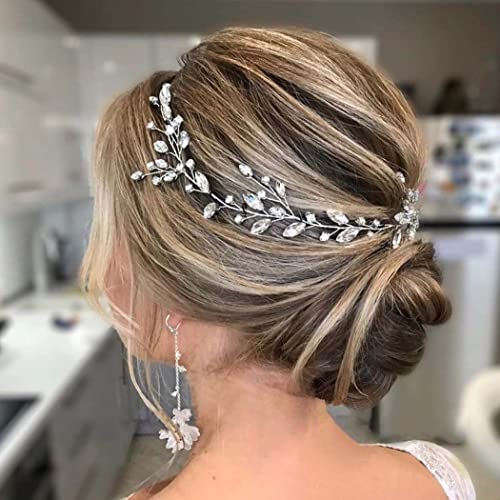 Handcess - Tocado de novia plateado con brillantes en forma de hojas, complementos para el pelo para...