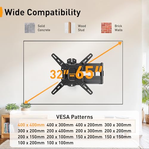 Image of Perlegear Long Arm TV Wall Mount for 32-65″ TVs, 37.4 inch Long Extension Corner TV Mount, Max VESA 400x400mm, Articulating Arms Full Motion Wall Mount Bracket with Swivel and Tilt, Holds up to 110 lbs