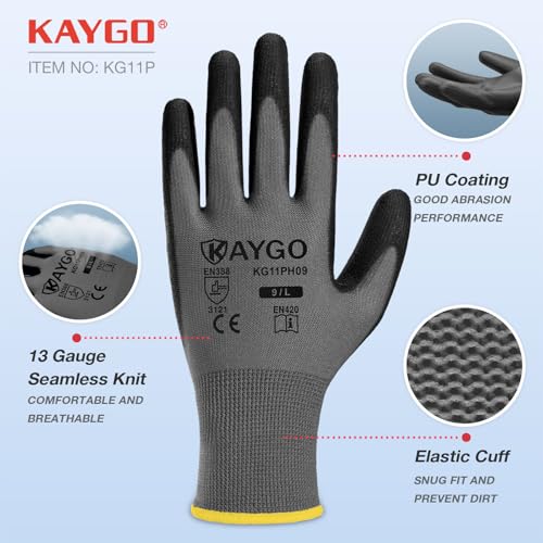 Image of KAYGO Work Gloves for Men and Women,12 Pairs Seamless Knit PU Coated Safety Gloves, with Smooth Grip on Palm and Fingers, Ideal for Light Warehouse, Manufacturing, Gardening, KG11P (S,Gray)
