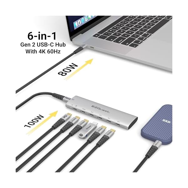 EZQuest USB-C Slim Gen 2 Hub Adapter 6-in-1 1 USB-C 4K/60Hz Video, 4 USB-C Gen 2 10Gbps, and 1 USB-C Power Delivery 3.0 - Image 7
