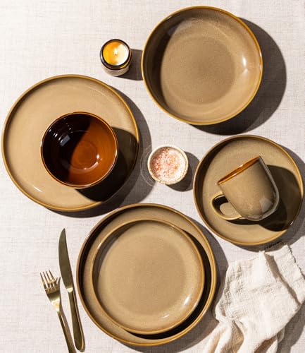 Image of LERATIO Ceramic Dinnerware Sets for 4, 12 Pieces Ceramic Plates and Bowls Sets, Scratch Resistant Dish Set, Oven, Microwave & Dishwasher Safe- Chestnut