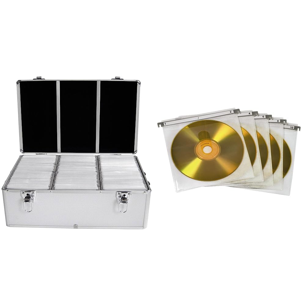 MediaRange Archivierungskoffer für 500 Discs, Aluminium-Optik, mit Einhängetaschen, Silber & Hama CD Doppel-Schutzhüllen (für 100 CDs/DVDs/Blu-Rays, zur Befestigung in Hängeregistern) 50er-Pack, weiß