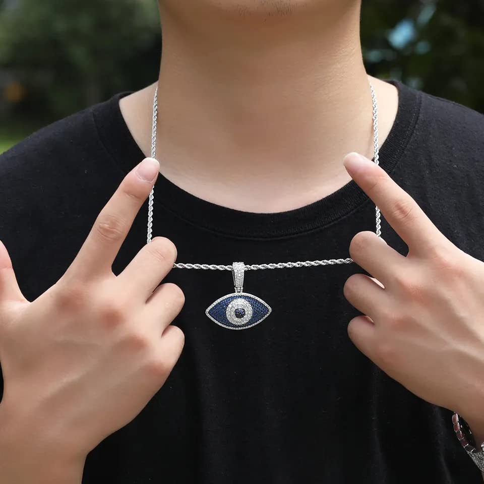 The Jewelers House 14K Gold Over Finish Simulated Diamond Iced out Bling Custom Blue Evil Eye Good Luck Charm Pendant Necklace, Protection Charm2
