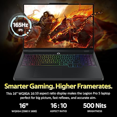 Image of Lenovo Legion Pro 5 16 inch WQXGA 165Hz Gaming Laptop, AMD Ryzen 9 9955HX, NVIDIA GeForce RTX 5070, 32GB DDR5, 3TB Storage (2TB SSD+1TB Docking Station Set), RGB Backlit Keyboard, Windows 11 Pro, Black