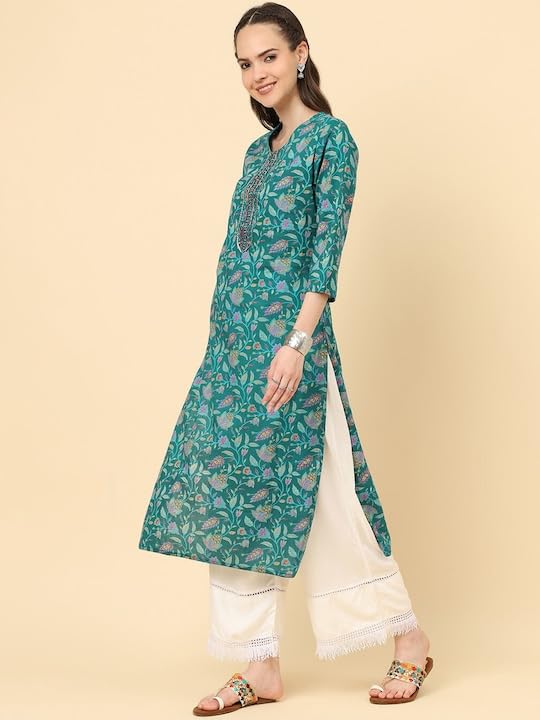 Varanga Womens Turquoise Blue Floral Printed Straight Kurta  Elegant, Comfortable, And Stylish For Women (Medium)