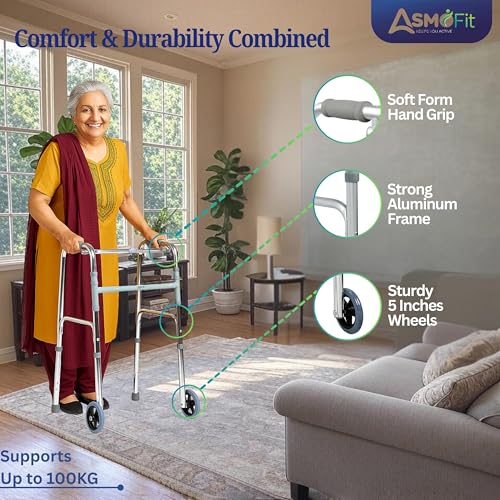 Image of ASMOFIT Foldable Walker with Wheels - Lightweight, Adjustable Height, Sturdy Frame for Elderly Support, Easy Mobility Aid for Seniors