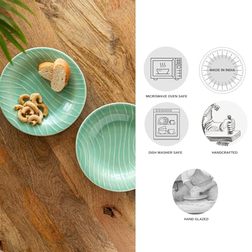 Image of ExclusiveLane 'Caribbean Green' Ceramic Pasta Bowls /Plates (Set of 2, Microwave & Dishwasher Safe) | Hand-Etched Bowl for Serving Bowl /Plates for Kitchen Snacks Serving Bowl Ceramic Serveware