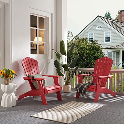 Psilvam Adirondack Chair, Oversized Poly Lumber Fire Pit Chair With Cup Holder, 350Lbs Support Patio Chairs For Garden, Weather Resistant Outdoors Seating, Relaxing Gift For Father & Mother (Red) #TOP1