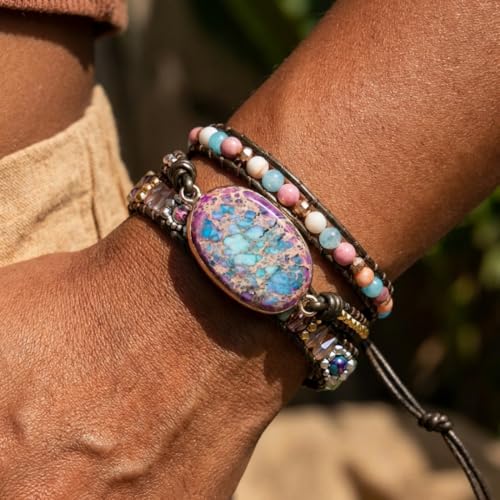 Image of YGLINE Boho Handmade Natural Stone Wrap Bracelets Jasper Crystal Beads Bracelet Jewelry