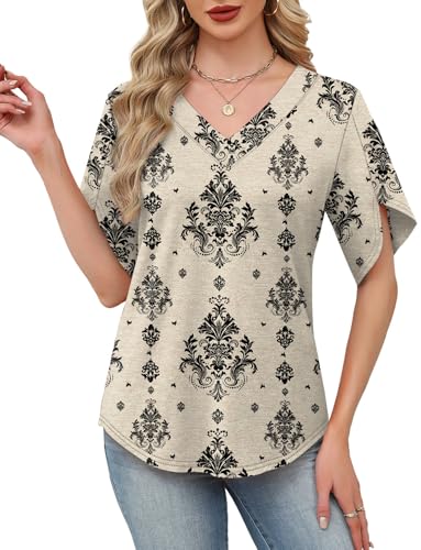 Image of WIHOLL Womens Summer Tops Short Petal Sleeve Shirts Fashion V Neck Womens Clothing