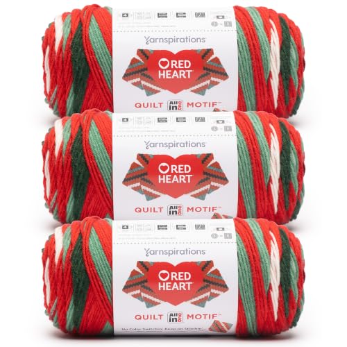 Image of Red Heart All in One Quilt Motif Yarn for Crocheting, Holly Jolly, 3-Pack | #4 Medium Worsted Weight 100% Acrylic Knitting and Crochet Yarn for Blankets, Pillows, and Home Decor, 440 yards, 250g /8.8oz