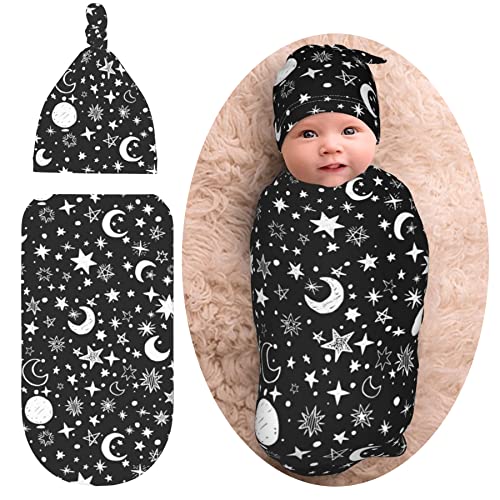 Image of Moon Star Baby Stuff Swaddle Blanket Wrap Baby Newborn Blanket Soft Stretchy With Hat Set Gift For Infant Boy Girl