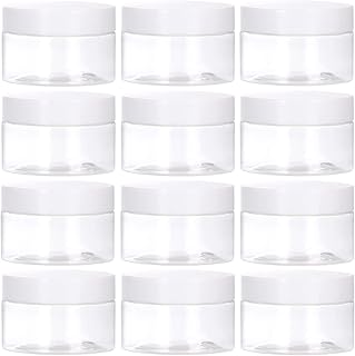 يرطمانات بلاستيكية صغيرة 1 اونصة مع اغطية وملصقات خالية من بيسفينول ا 12 قطعة من توزازو، برطمانات بلاستيكية دائرية شفافة فارغة قابلة لاعادة الملء مع اغطية بيضاء لمستحضرات ومنتجات تجميل ولوشن ومراهم