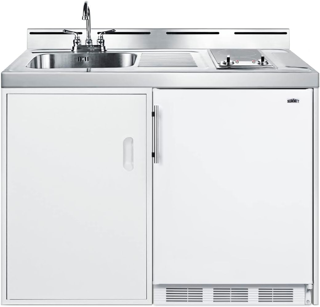 Summit 48" All-In-One Kitchenette, Refrigerator-Freezer, 2-Burner Smoothtop Cooktop, Water Jug Sink, and Storage, White - C48ELGLASSPUMP