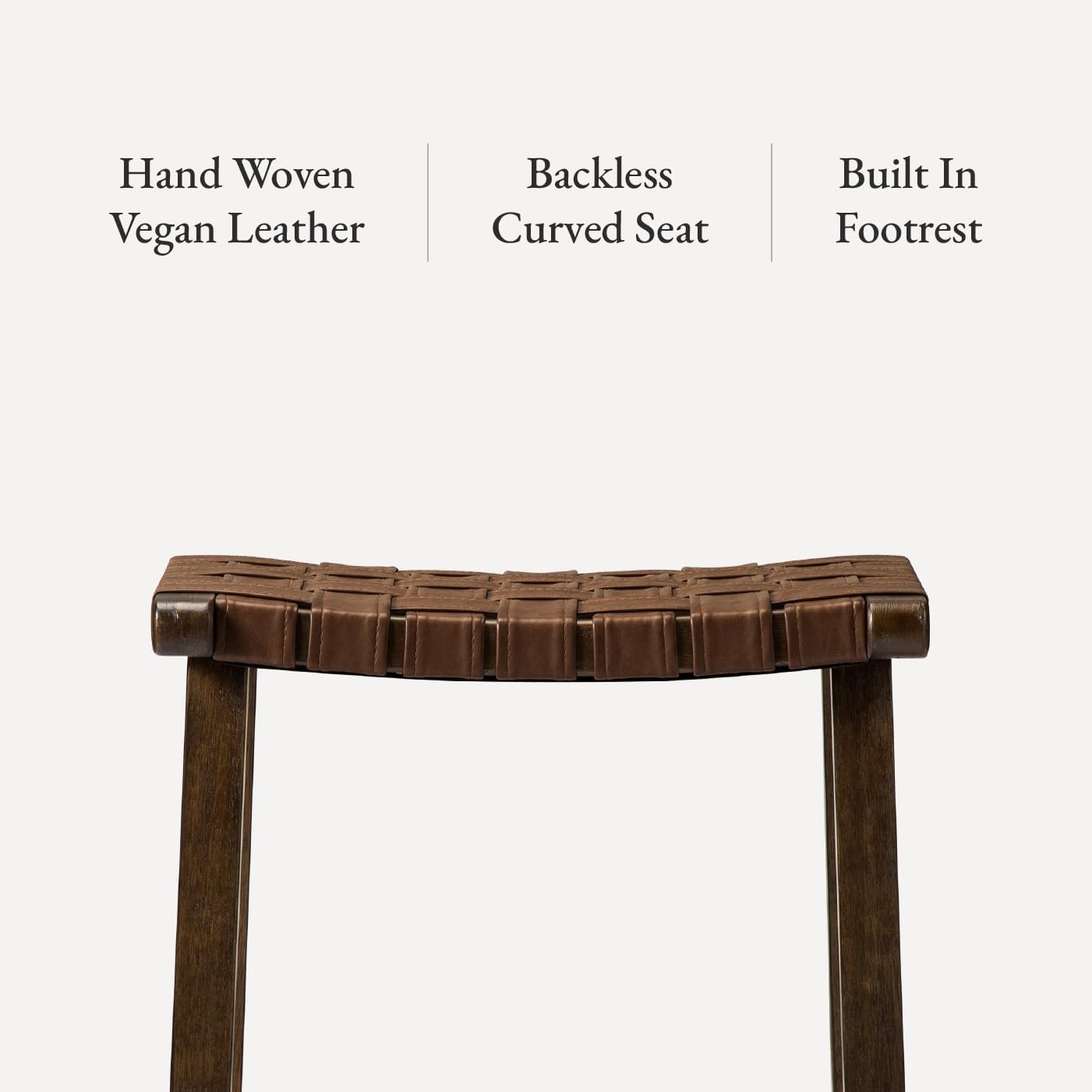 Maven Lane 26" Noah Backless Counter Stool - Modern Solid Wood Counter Height Chair with Artisan Woven Brown Finish and Brown Faux Leather Barstools for Kitchen Island, Dining Area