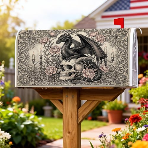 Housses de boîte aux lettres magnétiques dragon, gothique, ornées de têtes de mort et de roses, pour Halloween, décoration de jardin, 53,3 x 64,9 cm, noir