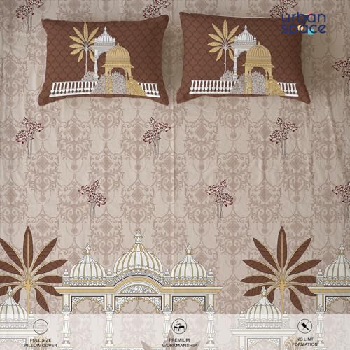 Image of Urban Space Regal 300 TC 100% Cotton Bedsheet for Double Bed, Panel Design Bedsheet, Printed Queen Size Bed Sheet with 2 Pillow Covers (90 x 108 Inches, Aangan Brown)