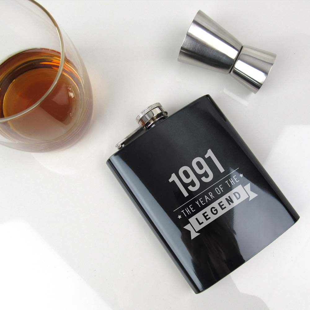 eBuyGB Drinks Canteen Engraved Black Hip Flask-1991 Year of The Legend Design-30th Birthday, Men-Thirtieth Gift for Dad, Uncle, Brother, Stainless Steel