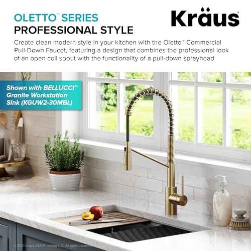 Image of KRAUS Oletto Commercial Style Single Handle Pull Down Kitchen Faucet with QuickDock Top Mount Installation Assembly in Spot Free Antique Champagne Bronze, KPF-2631SFACB