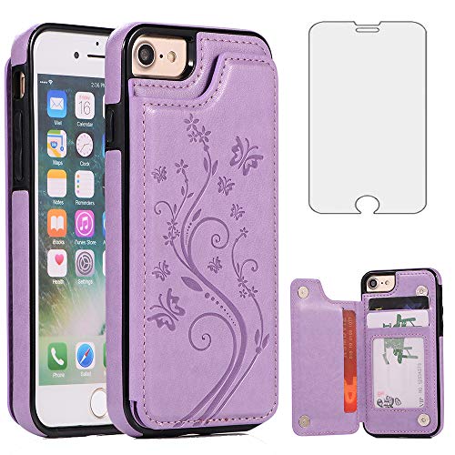 Asuwish Case for iPhone 7/8 iPhone SE 2020/2022 with Tempered Glass Screen Protector? Flip Wallet Leather Stand with Card Holder?Double Magnetic Clasp and Shockproof Cover SE2 SE3 4.7 Inch(Purple)