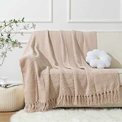Battilo Home BTL15025-CREAM Beige Throw Blanket For Couch, Knitted Beige Blanket For Bed thumb #1
