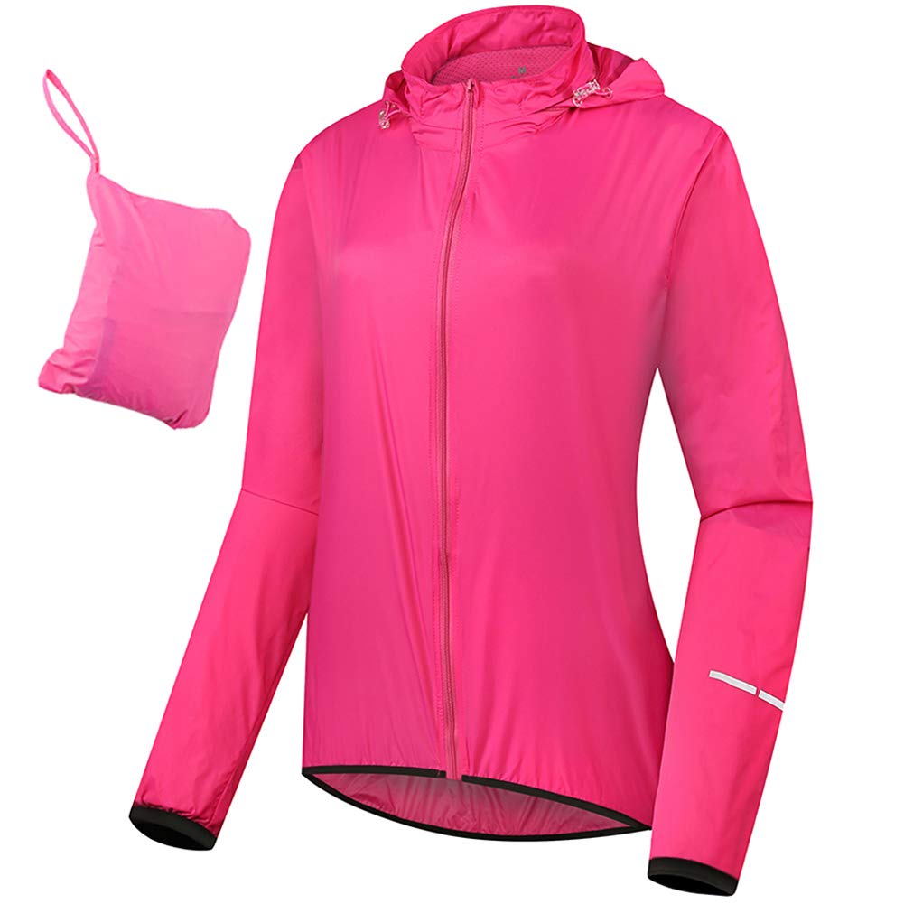 Giacca da Ciclismo Donna Impermeabile Traspirante Giacca Antipioggia Sottile Cappotto da Bici con Cappuccio Riflettente Antivento Ripiegabile Giacca a Vento da Esterno