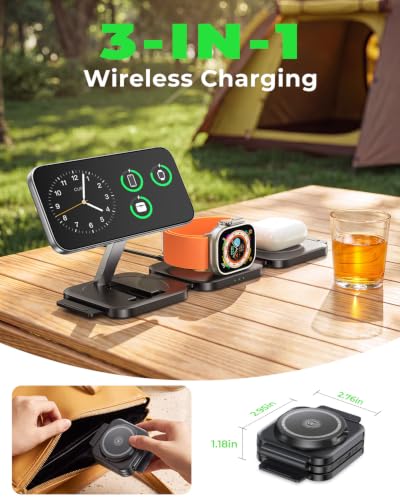 Image of Travel Essentials for Apple Watch Charger,3 in 1 Charging Station for Apple Devices,Foldable Wireless Charging Station for iPhone 17 /16 /15 /14 /13 /12, Apple Watch & AirPods with Magsafe Charger Stand