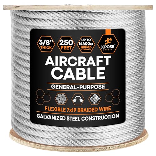 Image of Xpose Safety 3 /8 inch Galvanized Steel Aircraft Cable Wire - 250 ft Reel, 7x19 Strand, 14,400 lb Break Strength - for Pulley System, Winch, Marine, Deck Railing, Fencing, Zipline