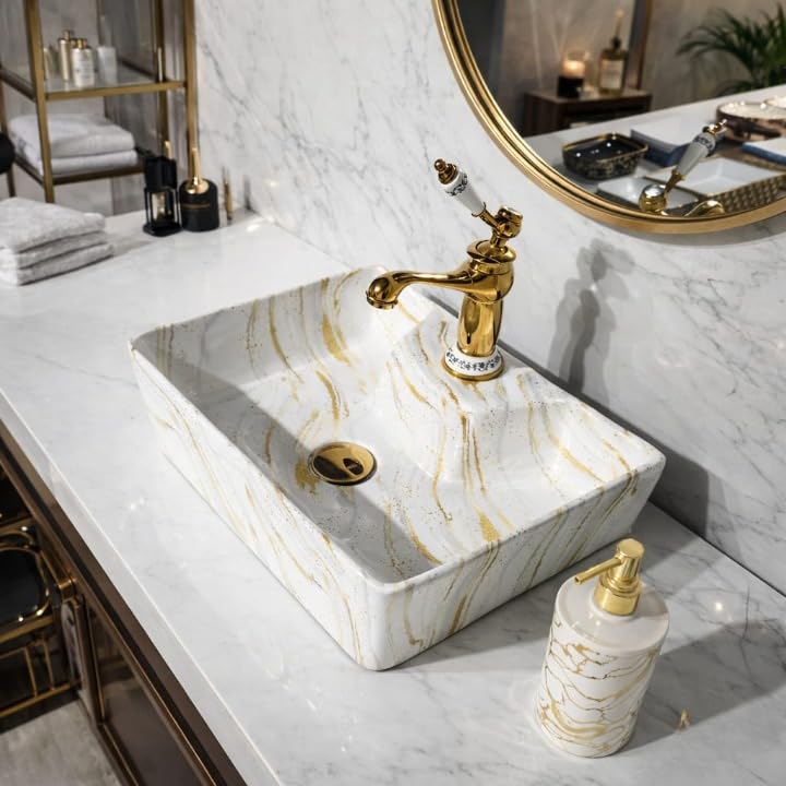 Image of Ceramic Tabletop Wash Basin - Glossy Rectangular Countertop Vessel Sink with Marble Finish for Bathroom & Vanity | Compact 16 x 13 x 5 Inch | Elegant Washbasin
