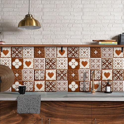 Vinilos Resistentes Al Calor 20x20cm Corazón Naranja Blanca Baldosas Adhesivas Pared para Decoración | Material Vinilo Duradero, Impermeable y Fácil de Limpiar | Ideal para Cocina,Sala de Estar